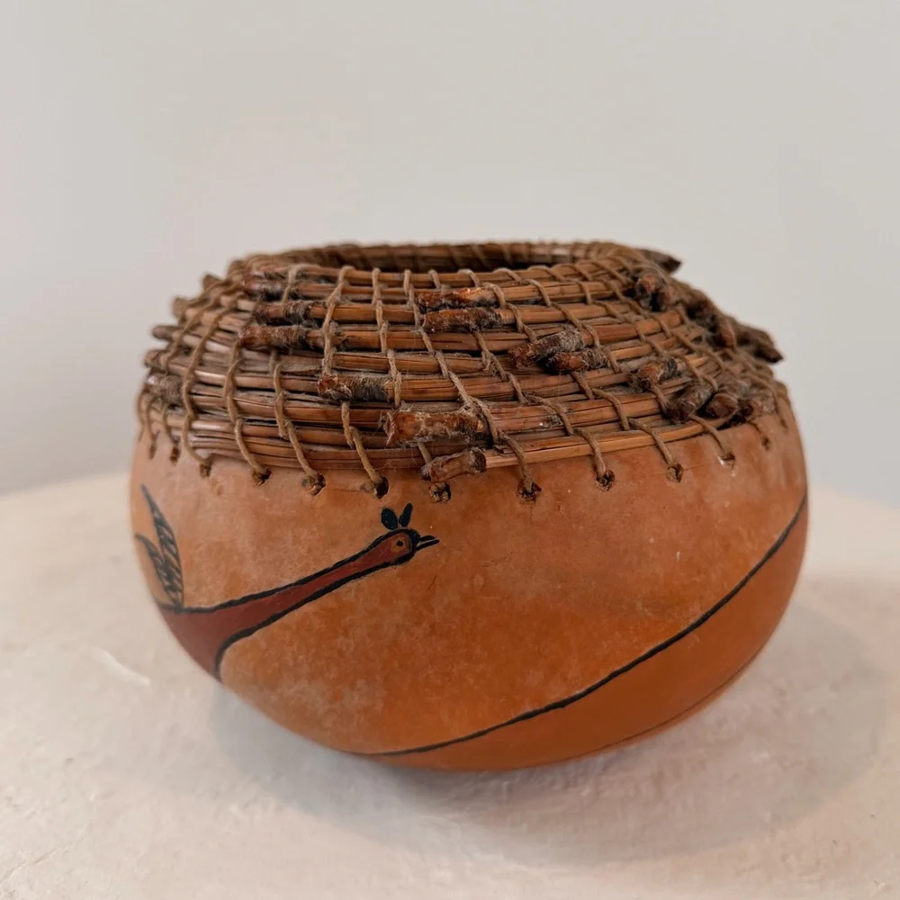 VINTAGE 1988‎ HAND-DECORATED SOUTHWESTERN GOURD BASKET WOVEN RIM ANAMORPHIC BIRD